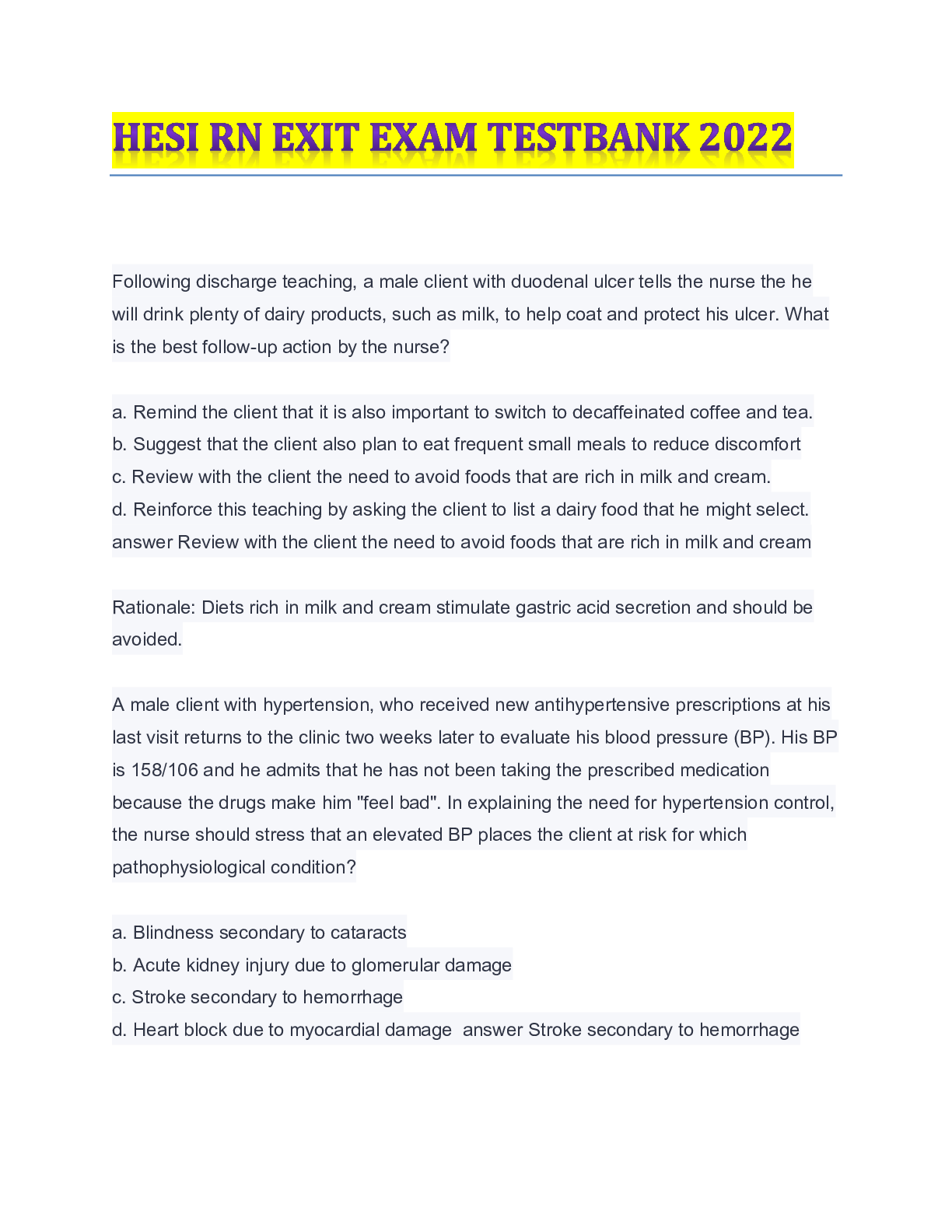 Preview image for HESI RN Exit Exam Testbank 2022/23 | 100% Complete Answers plus Rationale  | Graded A+